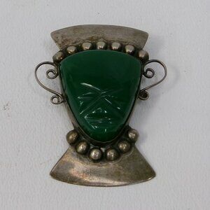 Vintage Sterling Silver Craved Green Onyx Face Mask Brooch Pin
